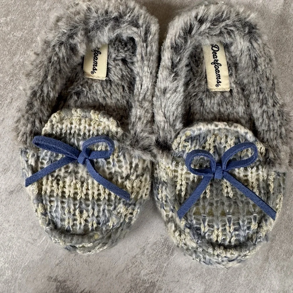 Dearfoams Unisex Kids Fairisle Moccasin Slipper Heather Grey Light Blue‎ Sz 7/8